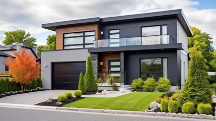Real estate photography - New big luxury modern house in Montreal's suburb partially furnished with backyard, empty rooms, closets, basement and garage . - obrazy, fototapety, plakaty