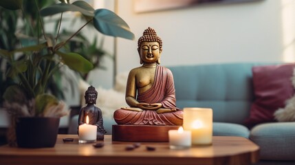Selective focus at two Buddha statue standing on bamboo coffee table in bright living room interior at bohemian style. Concept mental health and recreation .