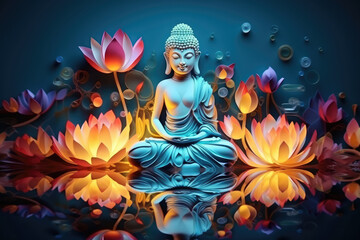  buddha and glowing lotuses flowers - obrazy, fototapety, plakaty