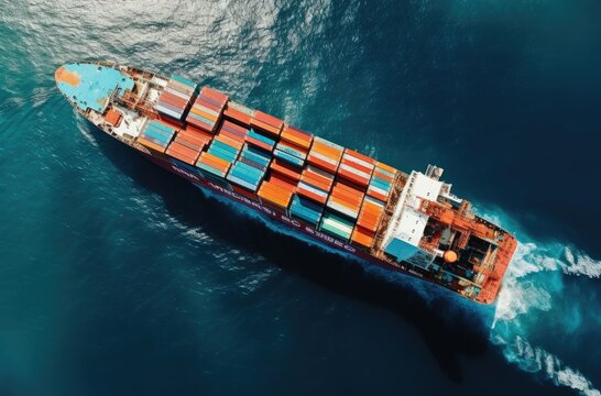 Aerial view container ship business import export logistic and transportation of international by container cargo ship in the open sea, Marine cargo freight shipping.