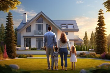 Happy young family standing looking of new house with young girl.