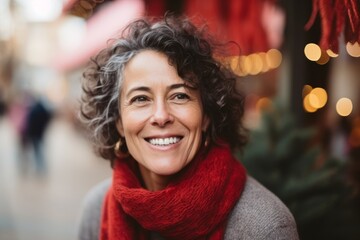 Portrait of smiling middle-aged woman in scarf at Christmas market - Powered by Adobe