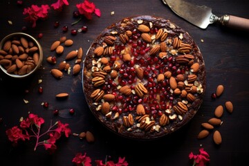 top view of a fruitcake with glazed cherries and nuts