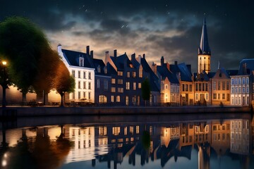 night view of ghent country - obrazy, fototapety, plakaty