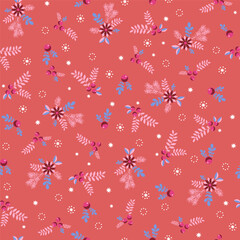 Blue leaves, red berries, fir branches, white fireworks on a red background. Seamless winter Christmas pattern. Suitable for packaging, textiles, wallpaper.
