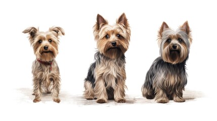 Collection of three dogs, happy yorkshire terrier set( portrait, sitting and standing) isolated on white background as transparent PNG, generative AI animal bundle.