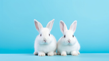 Obraz premium Generative AI two small white rabbits on a blue minimalistic studio background. Charming pet rodent. Front view portrait. Easter bunny concept.