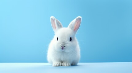 Generative AI small white rabbit on a blue minimalistic studio background. Charming pet rodent. Front view portrait. Easter bunny concept.