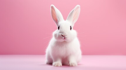 Generative AI small white rabbit on a pink minimalistic studio background. Charming pet rodent. Front view portrait. Easter bunny concept.