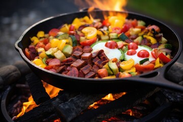 campfire skillet filled with breakfast foods on hot coals