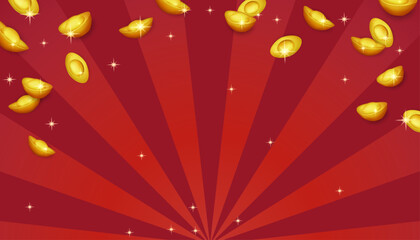 Scattered gold ingots on a red radiant background © Hong.W.Jean