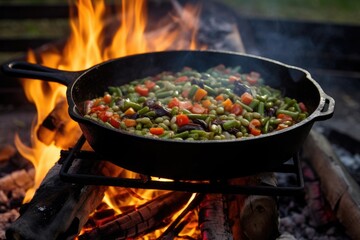 stirring beans and vegetables in a hot skillet over a campfire