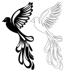 Set of flying vector stylized birds isolated from background. Contour and black silhouette doves. A monochrome collection