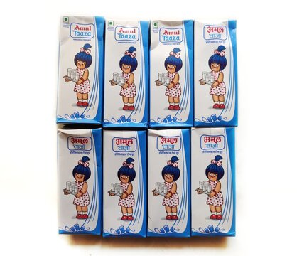 Guwahati, Assam, India - September 26, 2023 : Amul Taaza Toned Milk 200 ml (Tetra Pack). It is an excellent quality milk from Gujarat which can be consumed directly from the pack.