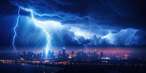 Naklejka premium Lightning storm over city in blue light