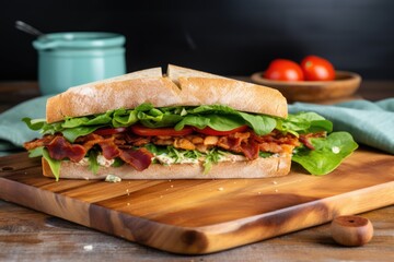 blt sandwich on the edge of a table with wooden chopping board