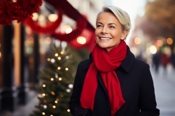 holidays, christmas, winter and people concept - happy senior woman in red scarf over street background - obrazy, fototapety, plakaty