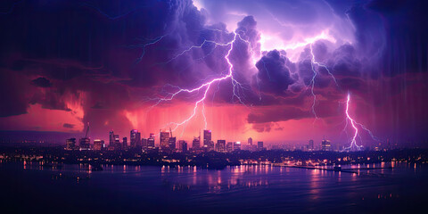 Lightning storm over city in purple light - obrazy, fototapety, plakaty