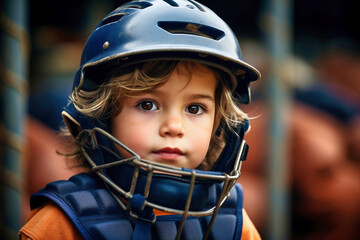 Photo of a child wearing a protective baseball helmet up close