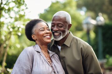 Fototapeta premium An elderly dark-skinned couple, a man and a woman, hugging in an autumn park. They look at each other with a loving gaze. Seniors dating. Relationships in old age. Love and romance.