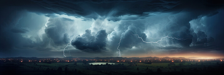Panorama Dark cloud at night with thunder bolt. Heavy storm bringing thunder, lightnings and rain in summer. - obrazy, fototapety, plakaty