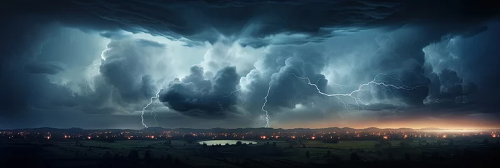 Poster Im Rahmen Panorama Dark cloud at night with thunder bolt. Heavy storm bringing thunder, lightnings and rain in summer. © Sasint