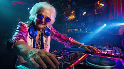 Cheerful elderly woman plays music on a DJ console. A disco party in a nightclub for young and overweight people. Age of health, leisure, and entertainment in retirement - obrazy, fototapety, plakaty
