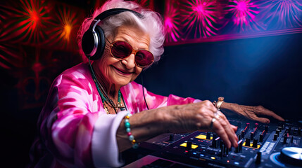 Cheerful elderly woman plays music on a DJ console. A disco party in a nightclub for young and overweight people. Age of health, leisure, and entertainment in retirement