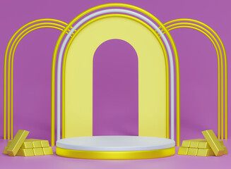 Modern white and gold cylinder pedestal podium 3d.Luxury minimal scene for cosmetic products.purple background abstract