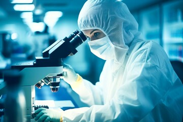 A laboratory technician examines a biological sample under a microscope. Biology and chemistry lab concept.