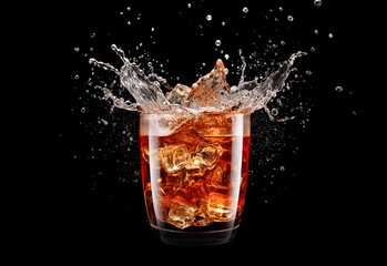 Carbonated drink with ice on neutral background.