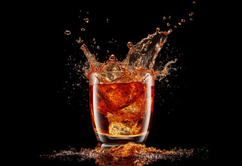 Carbonated drink with ice on neutral background.