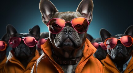 funny dog in sunglasses on dark background. Fashionable dog dressed in beautiful clothes.