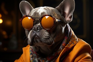 funny dog in sunglasses on dark background. Fashionable dog dressed in beautiful clothes. - obrazy, fototapety, plakaty