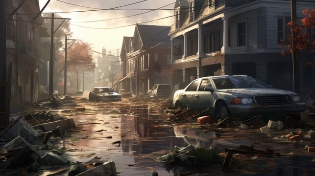 Generative AI Flood Insurance concept image. Impact of climate change. Dirty cars with broken windows in the middle of the city streets. Consequences after heavy rainfall flooding. - Powered by Adobe