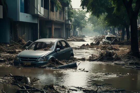 Generative AI Flood Insurance concept image. Impact of climate change. Dirty cars with broken windows in the middle of the city streets. Consequences after heavy rainfall flooding. - Powered by Adobe
