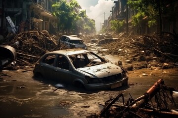 Generative AI Flood Insurance concept image. Impact of climate change. Dirty cars with broken windows in the middle of the city streets. Consequences after heavy rainfall flooding.