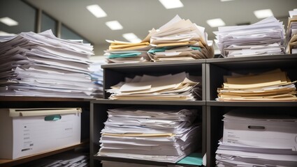 Piles of paperwork and folders in office room.

 - obrazy, fototapety, plakaty
