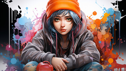 Cute graffiti girl in a colorful, pastel graffiti pool. Generative in ai
