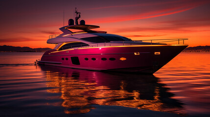 an orange yacht floating down the shore, in the style of light red