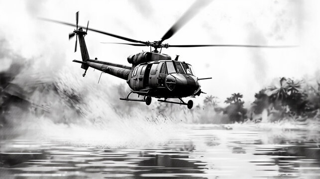 a painting of a helicopter flying over water, in the style of monochrome