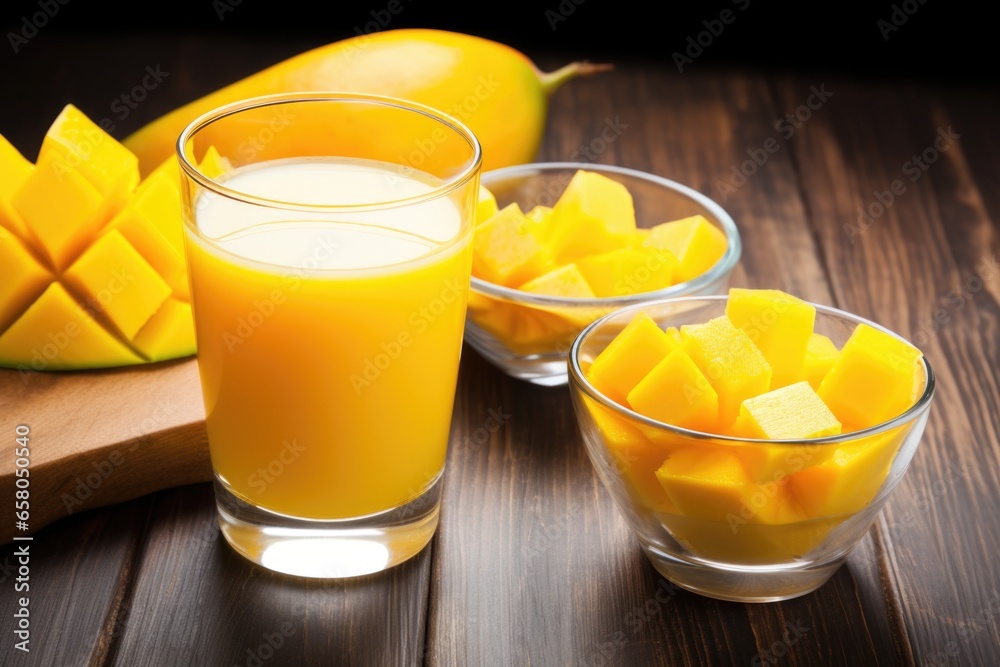 Canvas Prints ripe mango, open blender, and a glass of juice