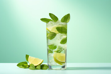 Mojito cocktail drink with mint leaves on green background.