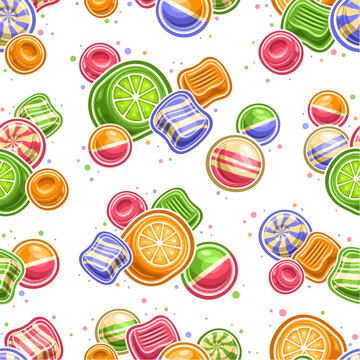 Vector Candy Seamless Pattern, repeating background with illustrations of different colorful fruit candies and bubble gums for child bed linen or wrapping paper, poster with flying flat lay candy mix