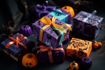 Colorful Halloween gift boxes for a spooky celebration. Exciting presents. Generative AI