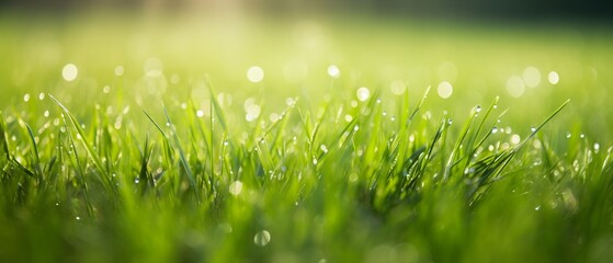 Obraz premium Morning Dew on Vibrant Green Grass: A Close-Up Capture of Nature's Beauty