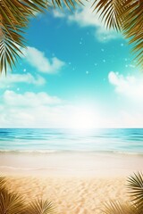 Fototapeta na wymiar Golden Tropical Beach: Summer Paradise with Palm Leaves and Sun Rays