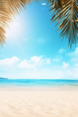 Golden Tropical Beach: Summer Paradise with Palm Leaves and Sun Rays