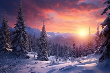 Enchanting Winter Sunset in Snowy Mountain Forest with Fir Trees