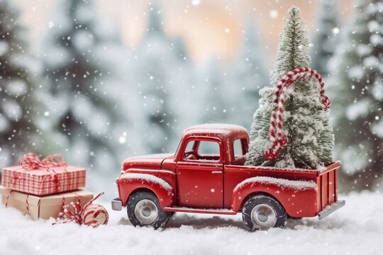 Christmas Toy Car with Tree and Gifts in Snowy Winter Park Decoration